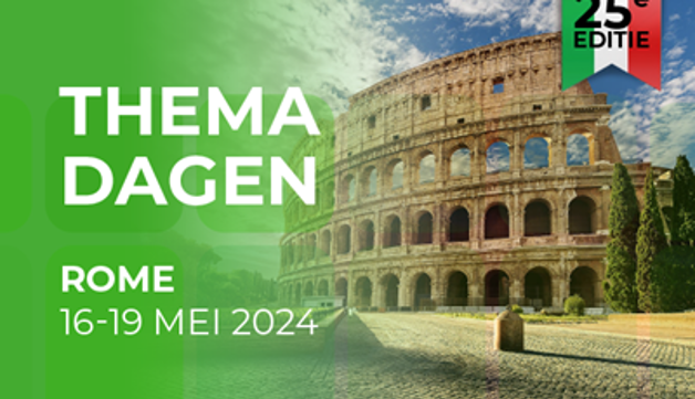 Colosseum Rome met daarop de tekst THEMA dagen Rome 16-19 mei 2024 - 25ste editie THEMA dagen Rome 16-19 mei 2024 - 25ste editie